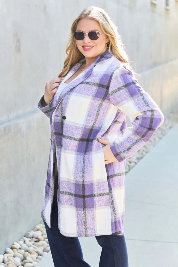 Double Take Full Size Plaid Button Up Lapel Collar Coat - Violet by Trendsi from FREYA’S CLOSET