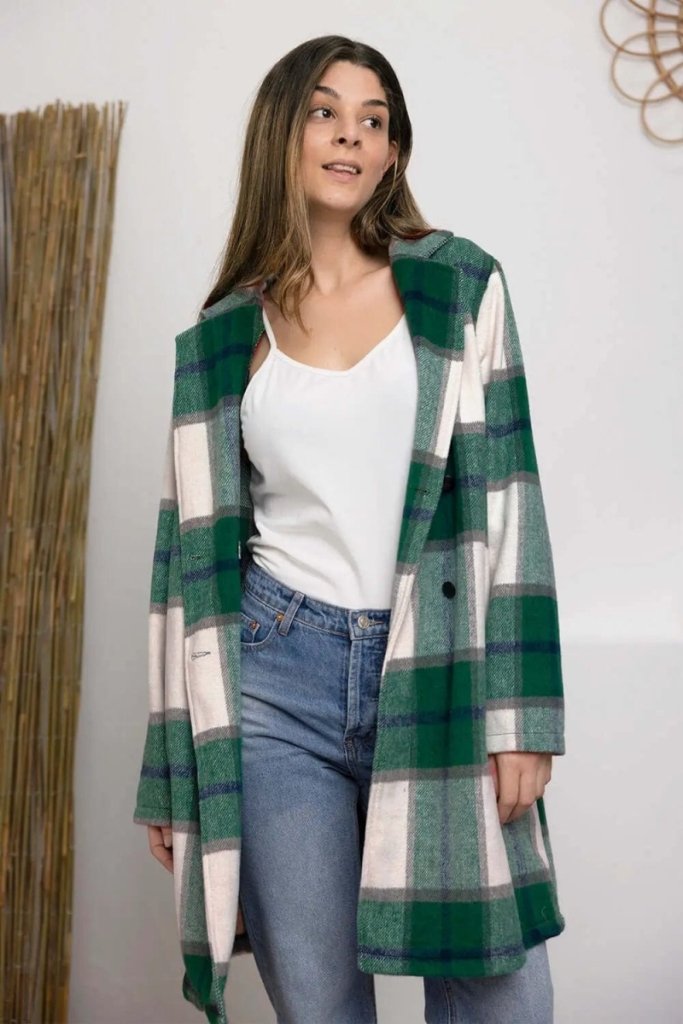 Double Take Full Size Plaid Button Up Lapel Collar Coat - Green by Trendsi from FREYA’S CLOSET