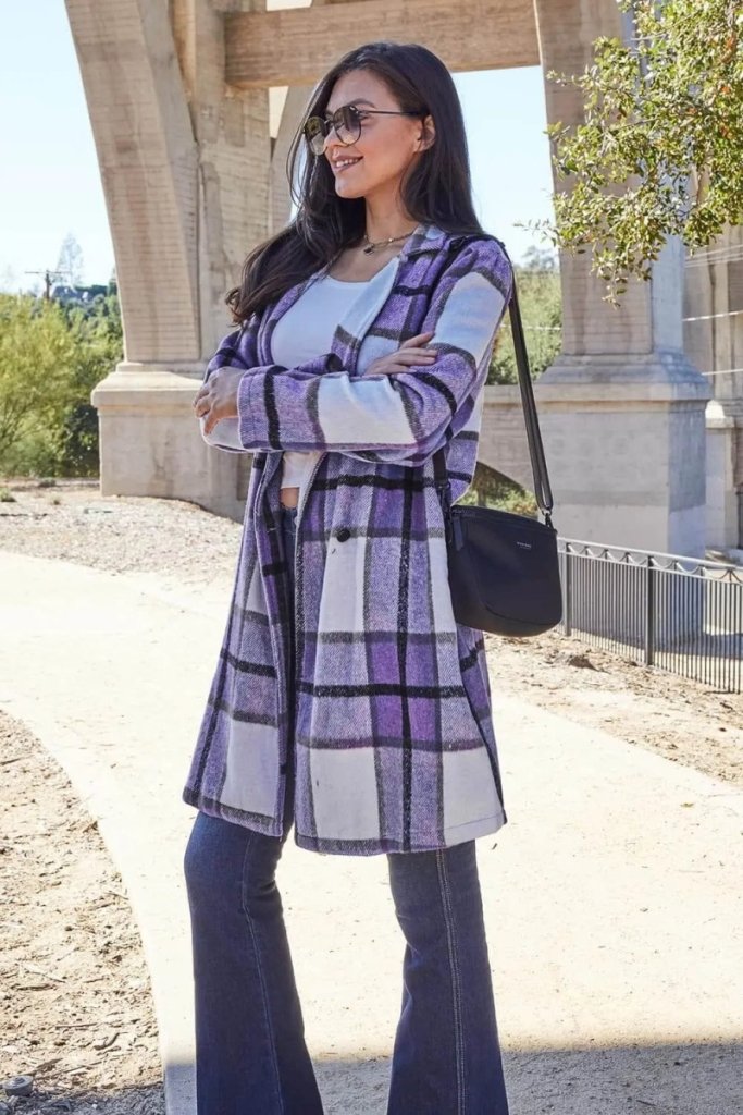Double Take Full Size Plaid Button Up Lapel Collar Coat - Violet by Trendsi from FREYA’S CLOSET