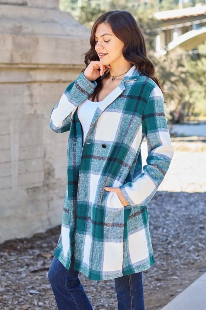 Double Take Full Size Plaid Button Up Lapel Collar Coat - French Blue by Trendsi from FREYA’S CLOSET