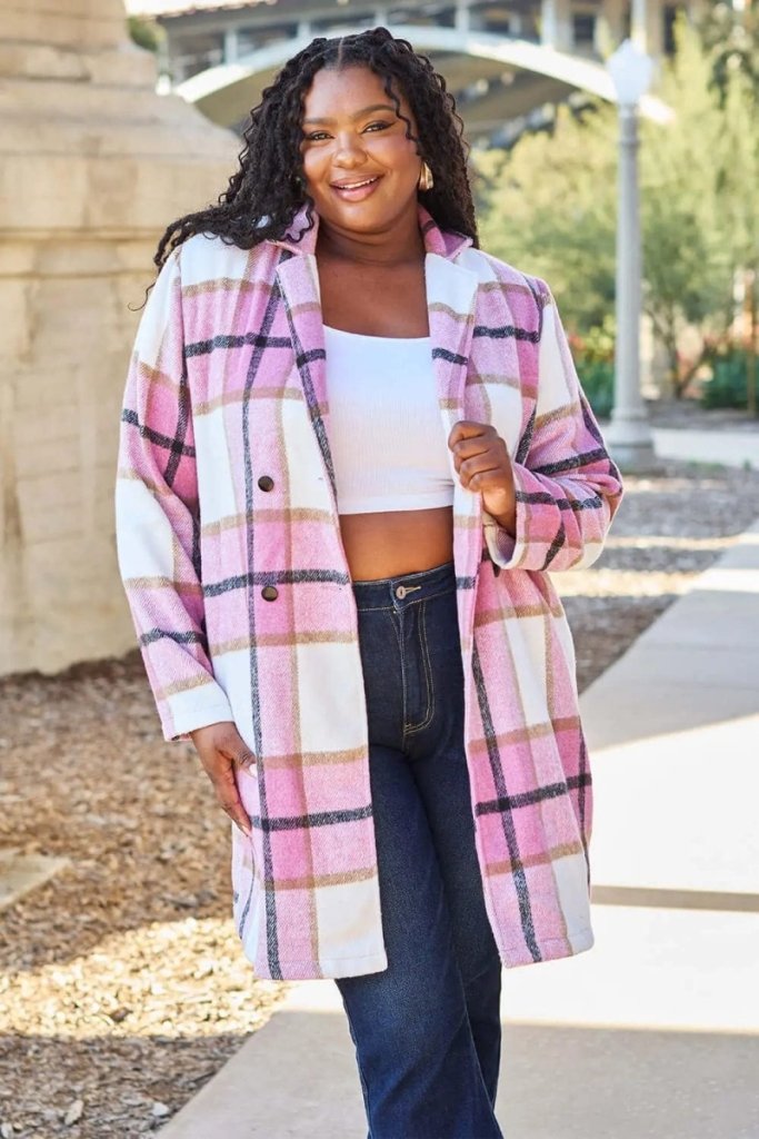 Double Take Full Size Plaid Button Up Lapel Collar Coat - Carnation Pink by Trendsi from FREYA’S CLOSET