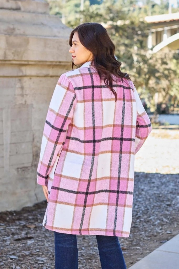 Double Take Full Size Plaid Button Up Lapel Collar Coat - Carnation Pink by Trendsi from FREYA’S CLOSET