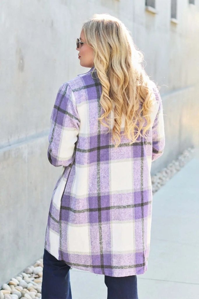 Double Take Full Size Plaid Button Up Lapel Collar Coat - Violet by Trendsi from FREYA’S CLOSET