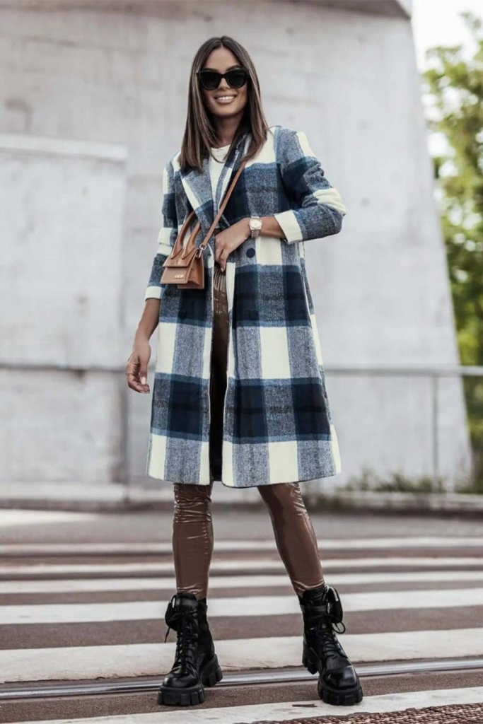 Double Take Full Size Plaid Button Up Lapel Collar Coat - Peacock Blue by Trendsi from FREYA’S CLOSET