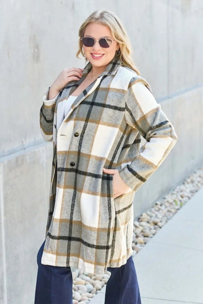 Double Take Full Size Plaid Button Up Lapel Collar Coat - London Plaid by Trendsi from FREYA’S CLOSET