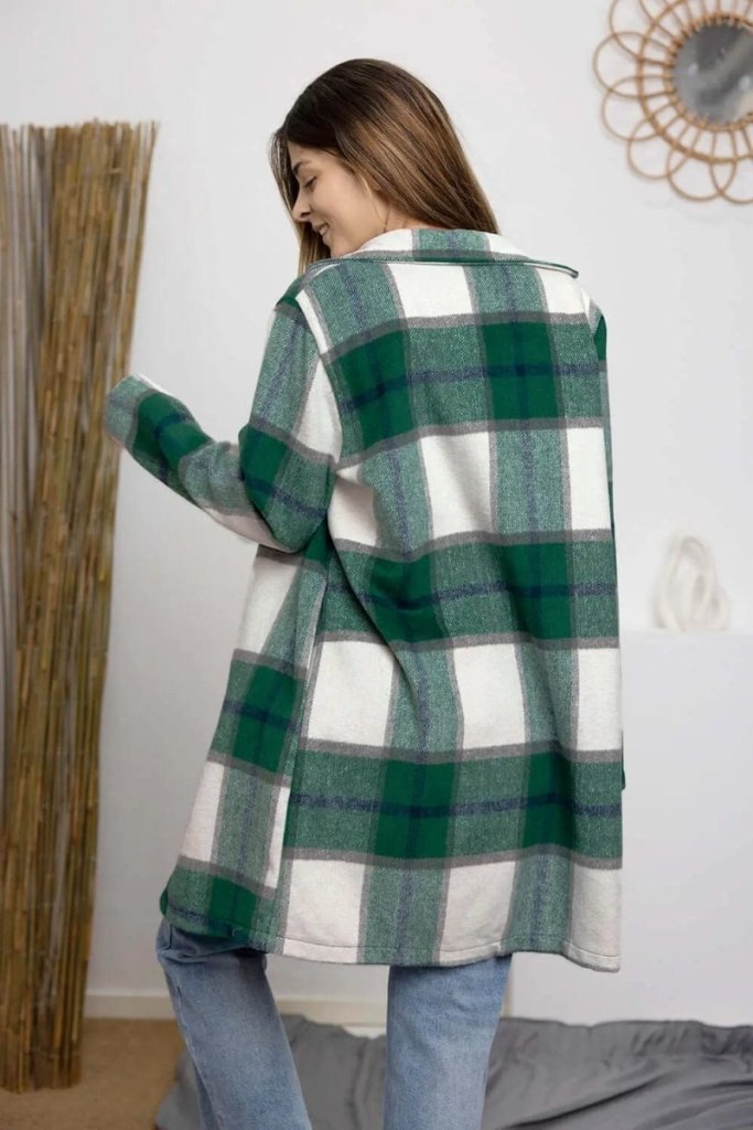 Double Take Full Size Plaid Button Up Lapel Collar Coat - Green by Trendsi from FREYA’S CLOSET