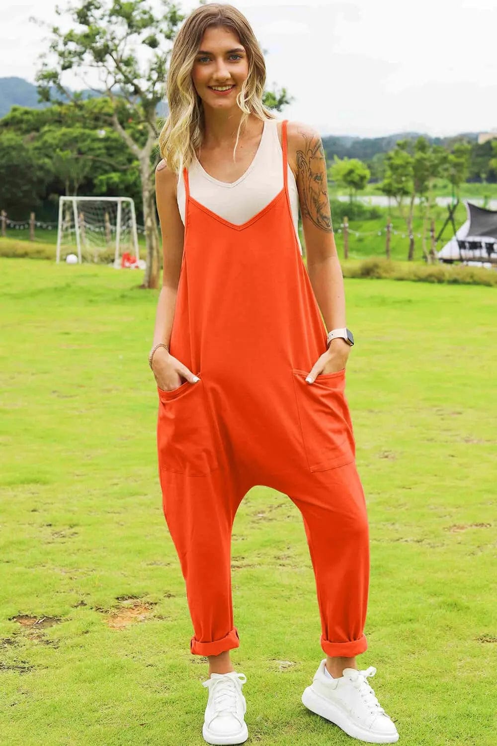 Trendsi Jumpsuits Orange / S Double Take Full Size Sleeveless V-Neck Pocketed Jumpsuit