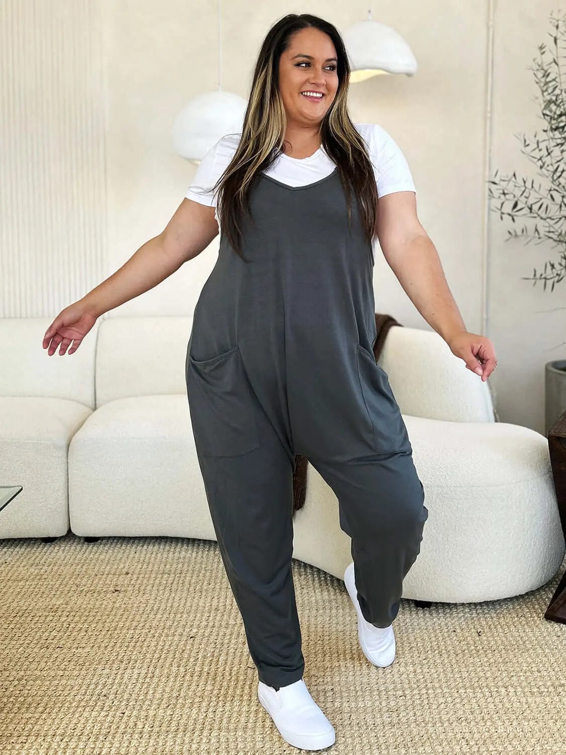 Trendsi Jumpsuits Double Take Full Size Sleeveless V-Neck Pocketed Jumpsuit