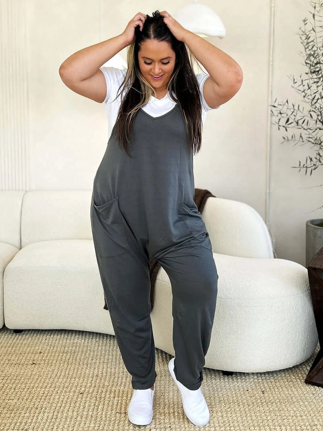 Trendsi Jumpsuits Double Take Full Size Sleeveless V-Neck Pocketed Jumpsuit