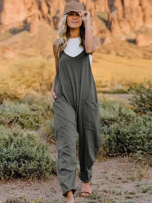 Trendsi Jumpsuits Dark Gray / S Double Take Full Size Sleeveless V-Neck Pocketed Jumpsuit