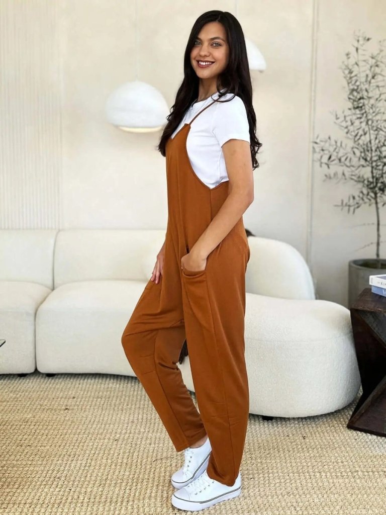 Double Take Full Size Sleeveless V - Neck Pocketed Jumpsuit - Caramel by Trendsi from FREYA’S CLOSET