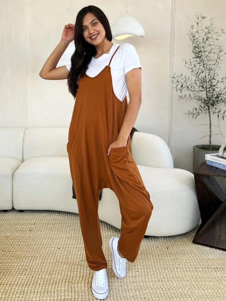 Double Take Full Size Sleeveless V - Neck Pocketed Jumpsuit - Caramel by Trendsi from FREYA’S CLOSET