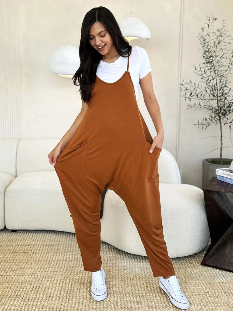 Double Take Full Size Sleeveless V - Neck Pocketed Jumpsuit - Caramel by Trendsi from FREYA’S CLOSET