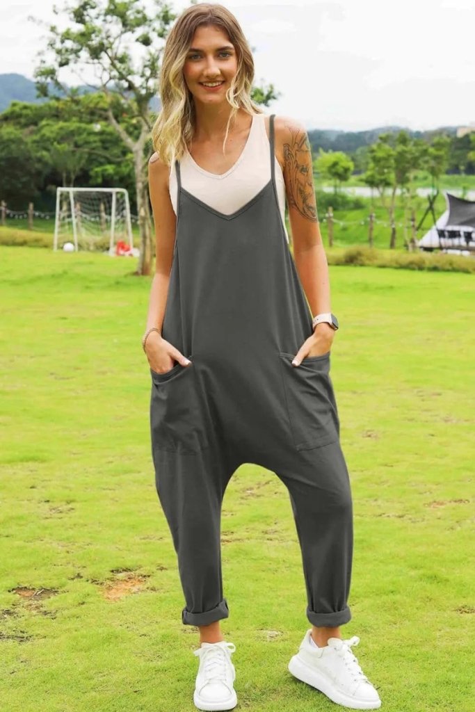 Double Take Full Size Sleeveless V - Neck Pocketed Jumpsuit - Dark Gray by Trendsi from FREYA’S CLOSET