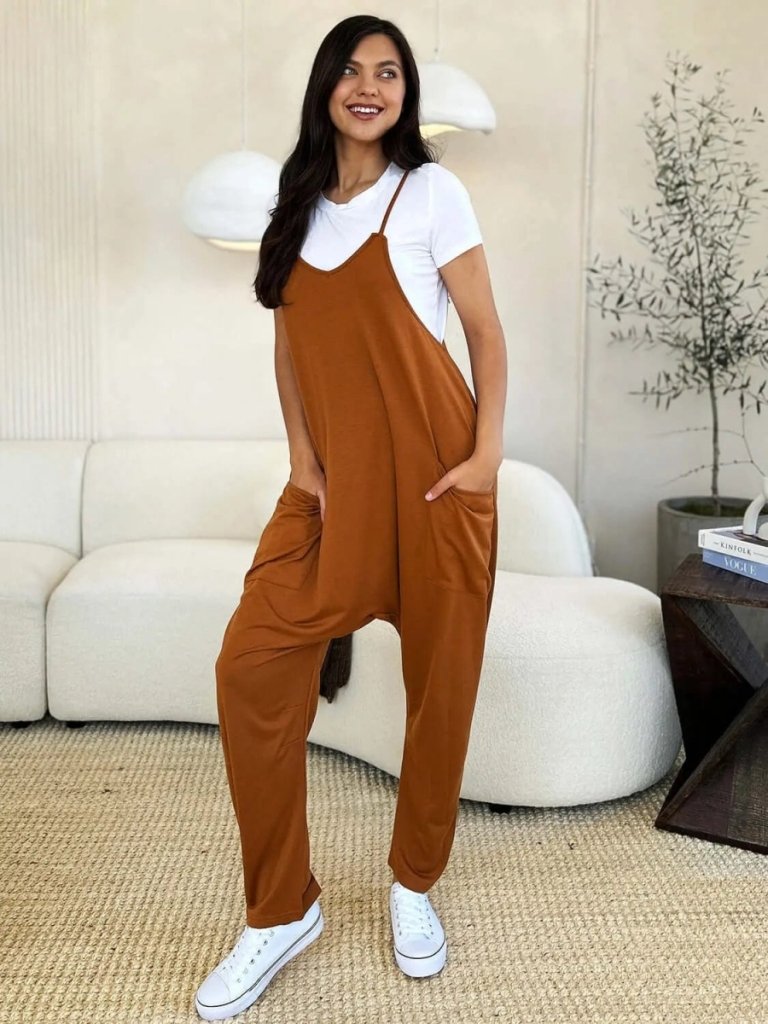 Double Take Full Size Sleeveless V - Neck Pocketed Jumpsuit - Caramel by Trendsi from FREYA’S CLOSET