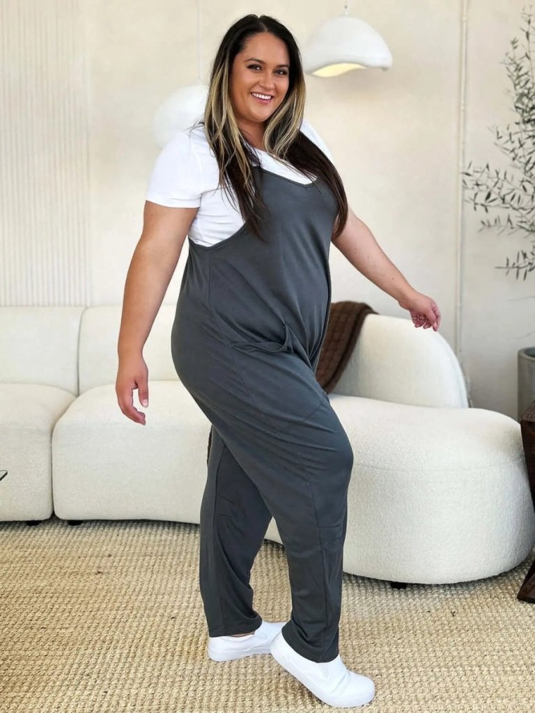 Double Take Full Size Sleeveless V - Neck Pocketed Jumpsuit - Dark Gray by Trendsi from FREYA’S CLOSET