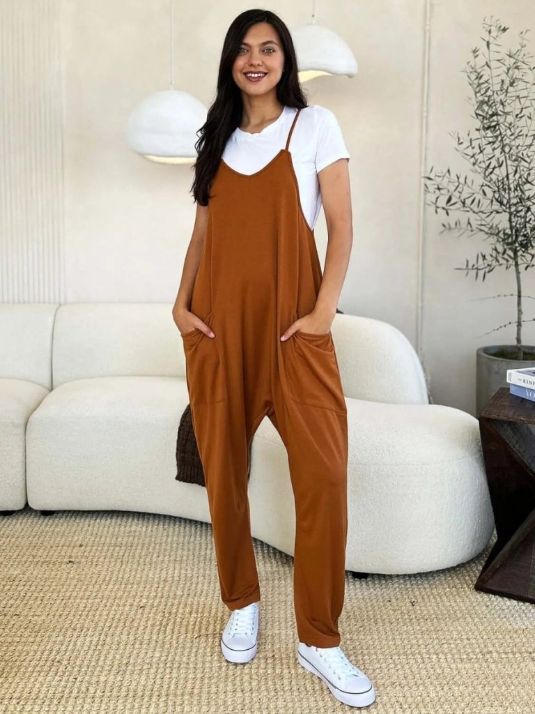 Double Take Full Size Sleeveless V - Neck Pocketed Jumpsuit - Caramel by Trendsi from FREYA’S CLOSET