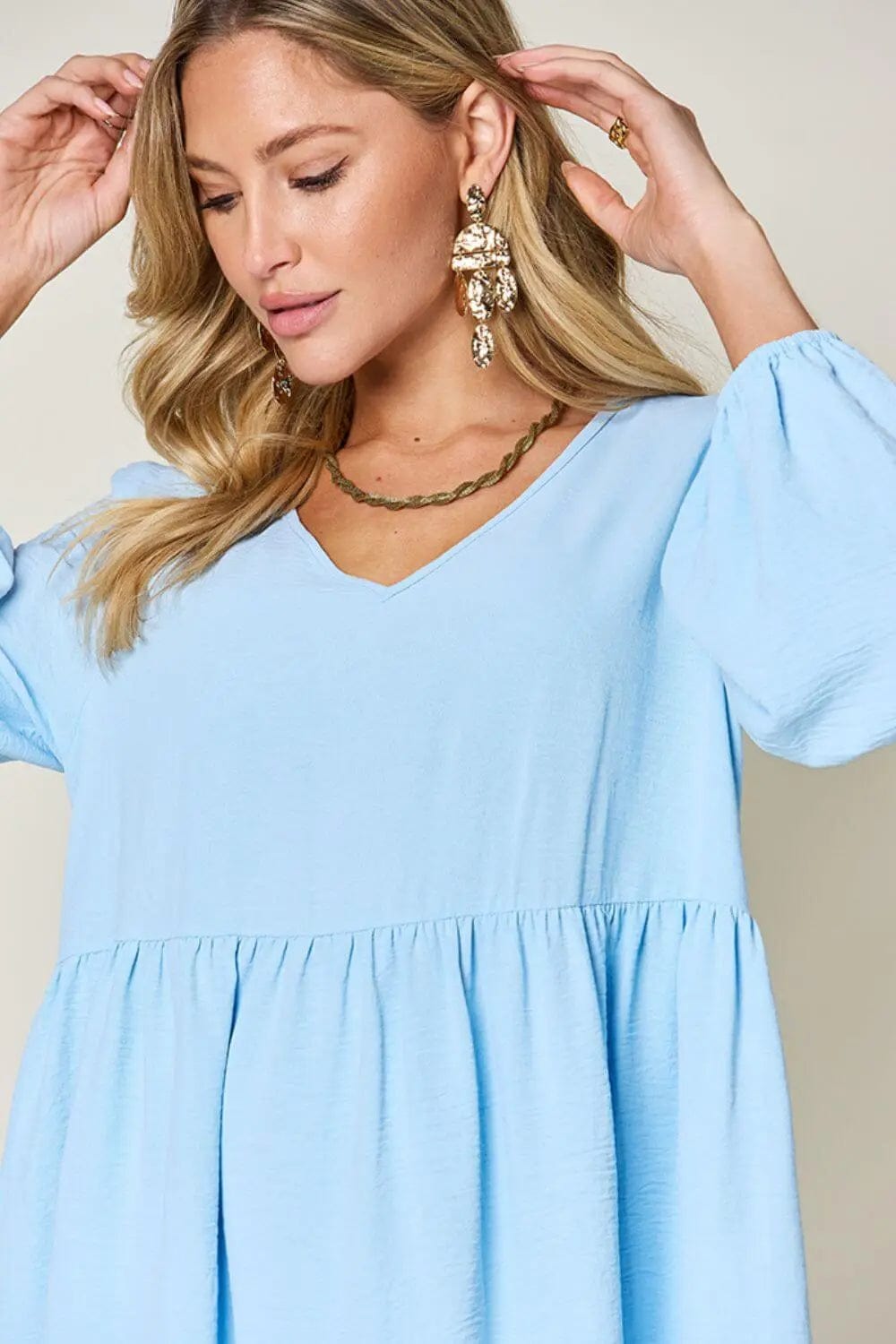 Trendsi Dress Double Take Full Size V-Neck Balloon Sleeve Tiered Dress