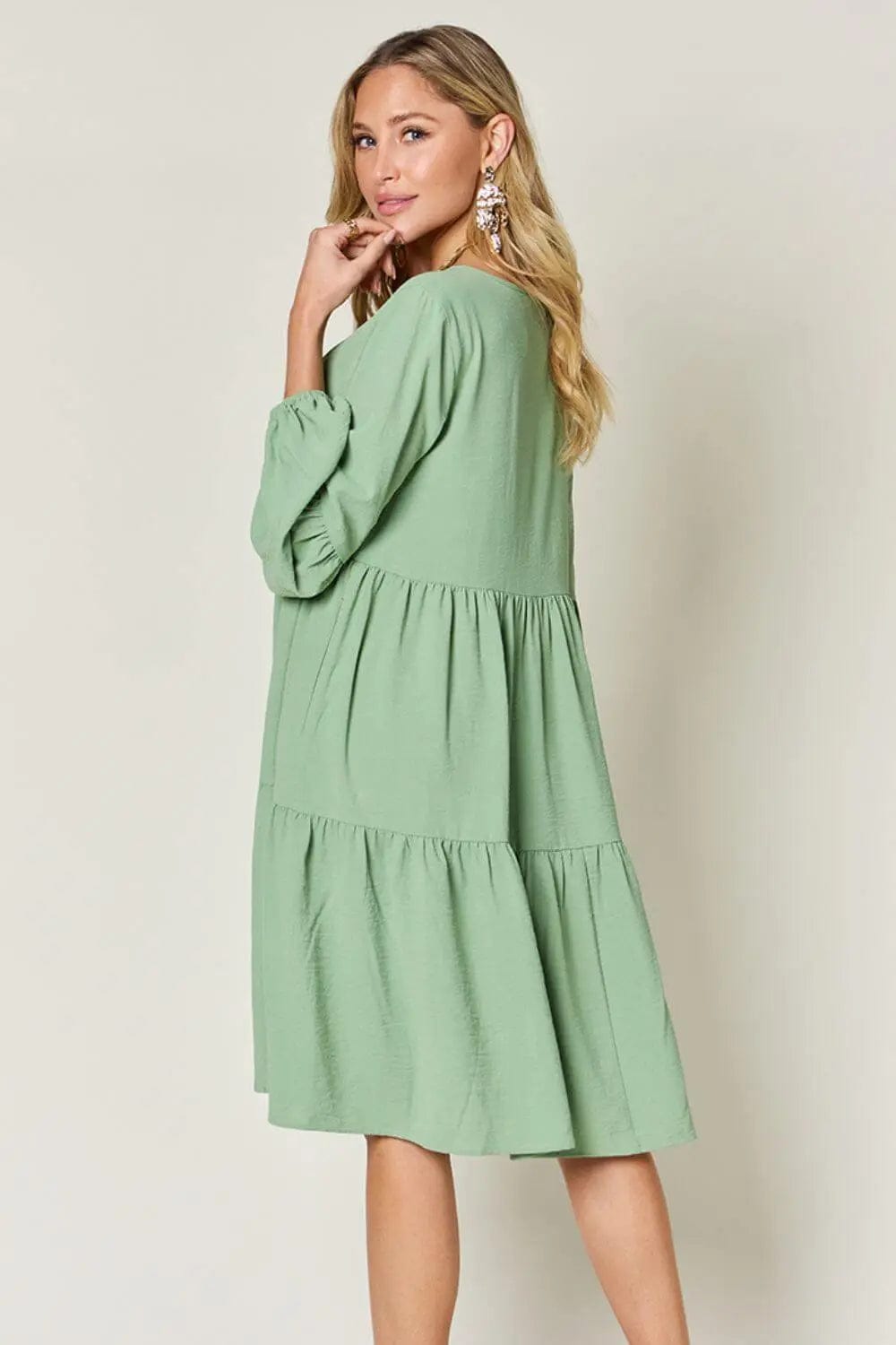 Trendsi Dress Double Take Full Size V-Neck Balloon Sleeve Tiered Dress
