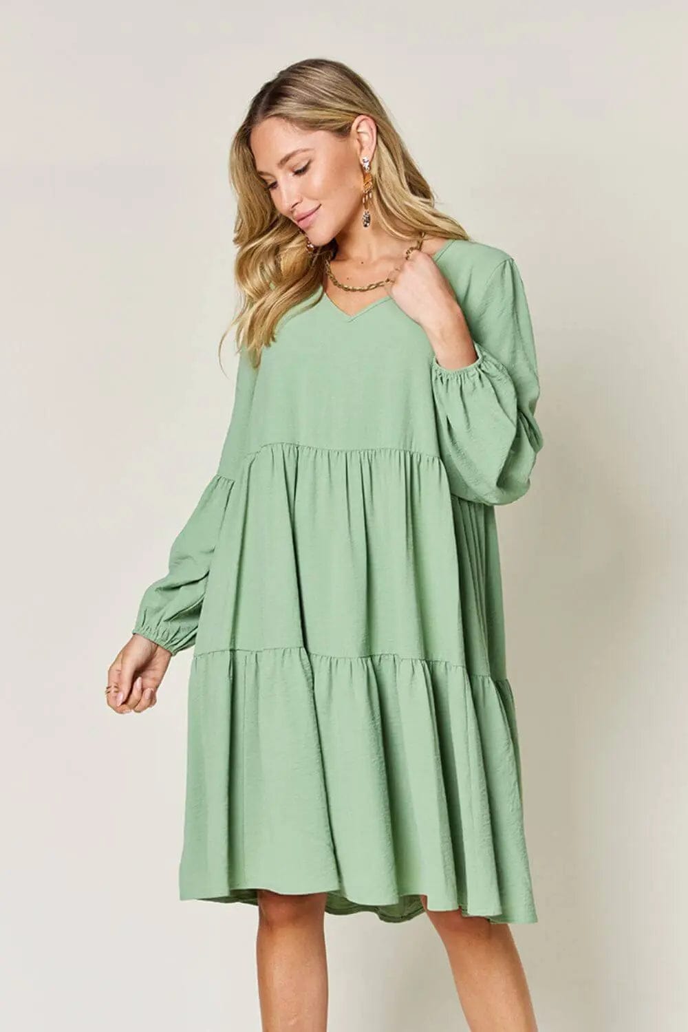 Trendsi Dress Light Green / S Double Take Full Size V-Neck Balloon Sleeve Tiered Dress