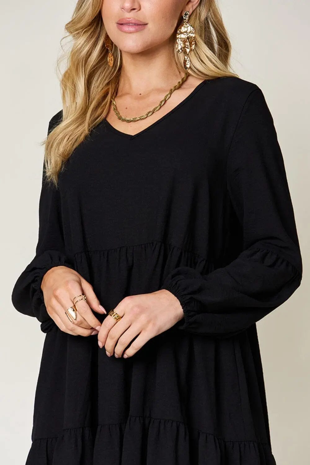 Trendsi Dress Double Take Full Size V-Neck Balloon Sleeve Tiered Dress