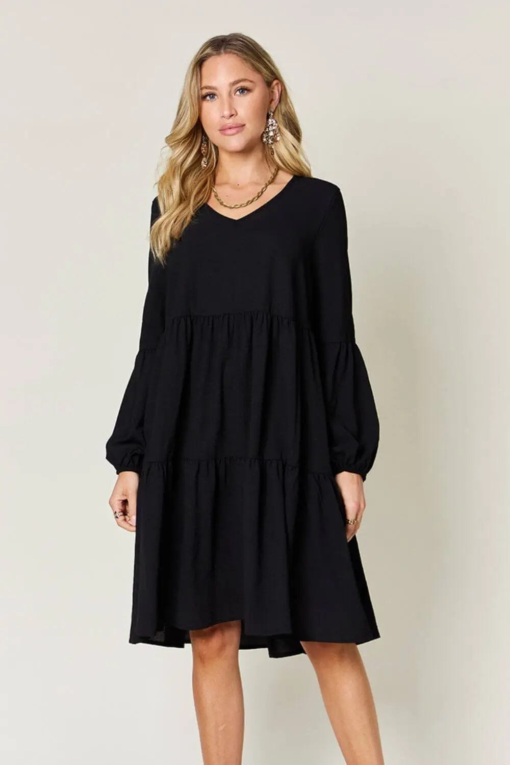 Trendsi Dress Black / S Double Take Full Size V-Neck Balloon Sleeve Tiered Dress