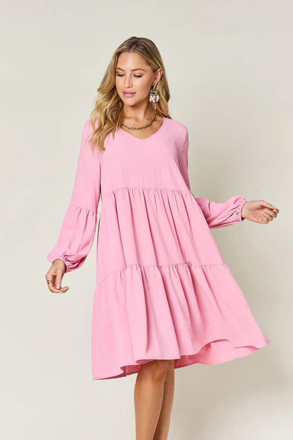 Trendsi Dress Double Take Full Size V-Neck Balloon Sleeve Tiered Dress