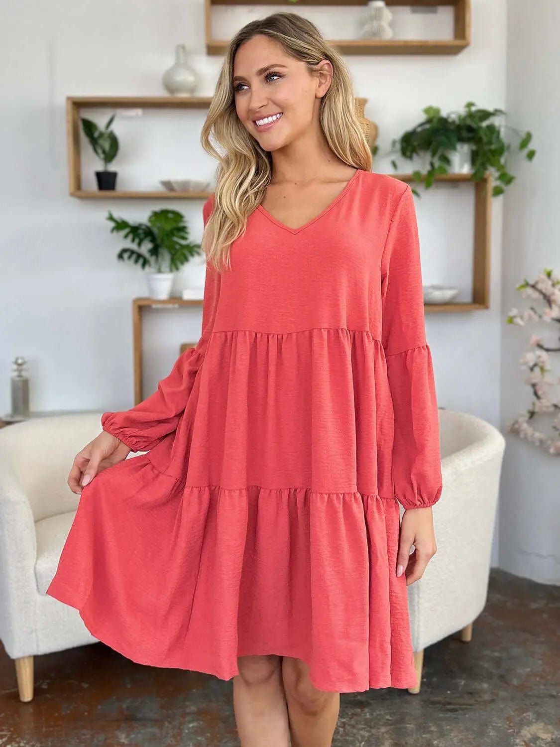 Trendsi Dress Double Take Full Size V-Neck Balloon Sleeve Tiered Dress