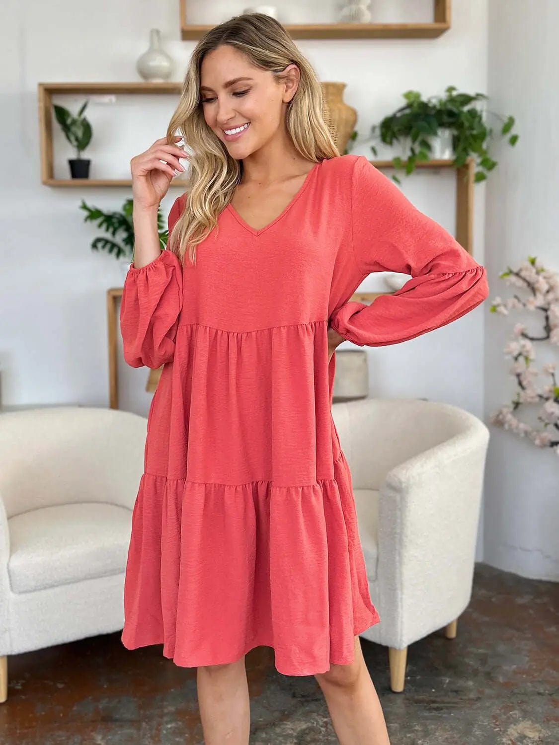 Trendsi Dress Double Take Full Size V-Neck Balloon Sleeve Tiered Dress