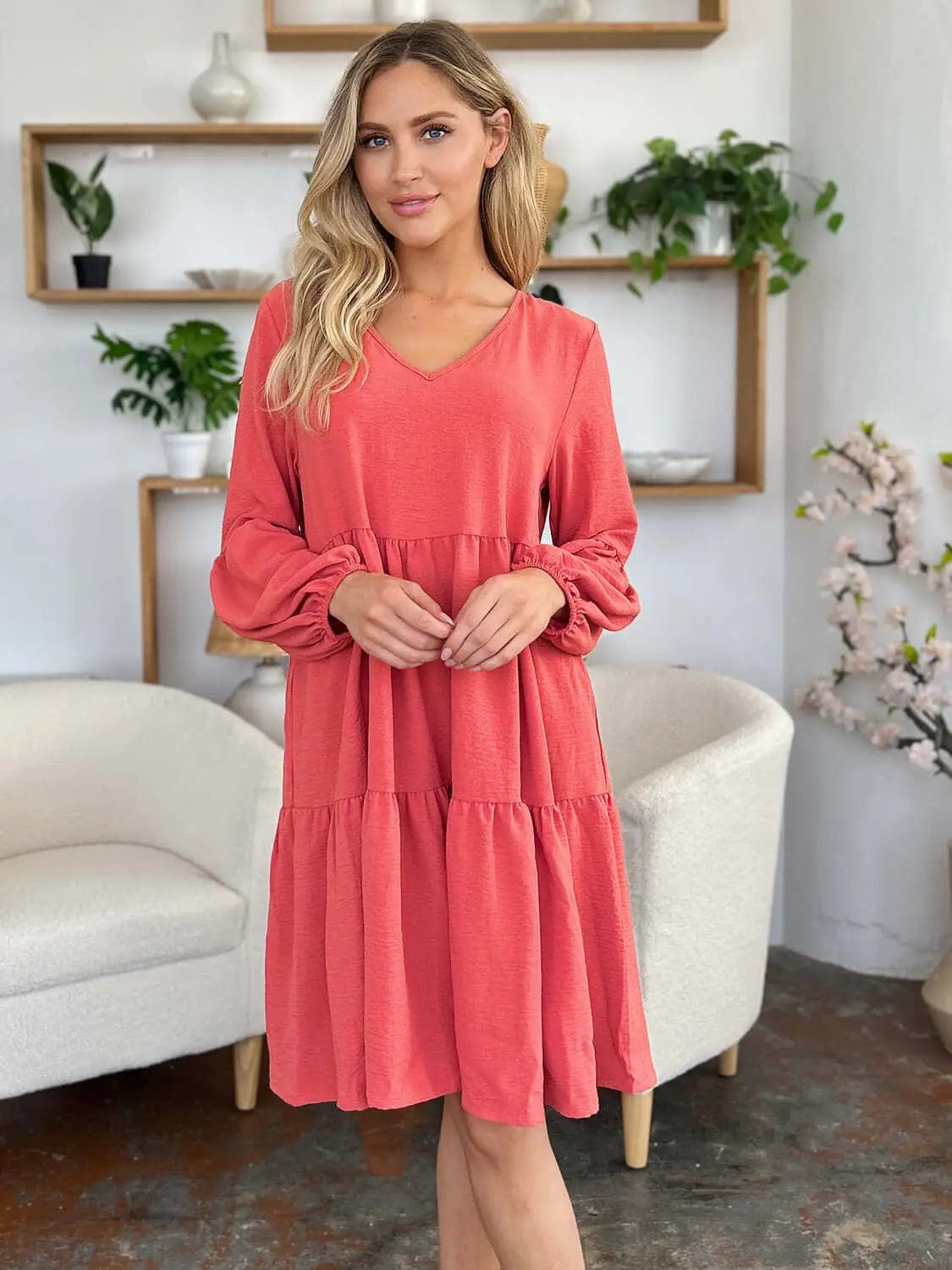 Trendsi Dress Double Take Full Size V-Neck Balloon Sleeve Tiered Dress