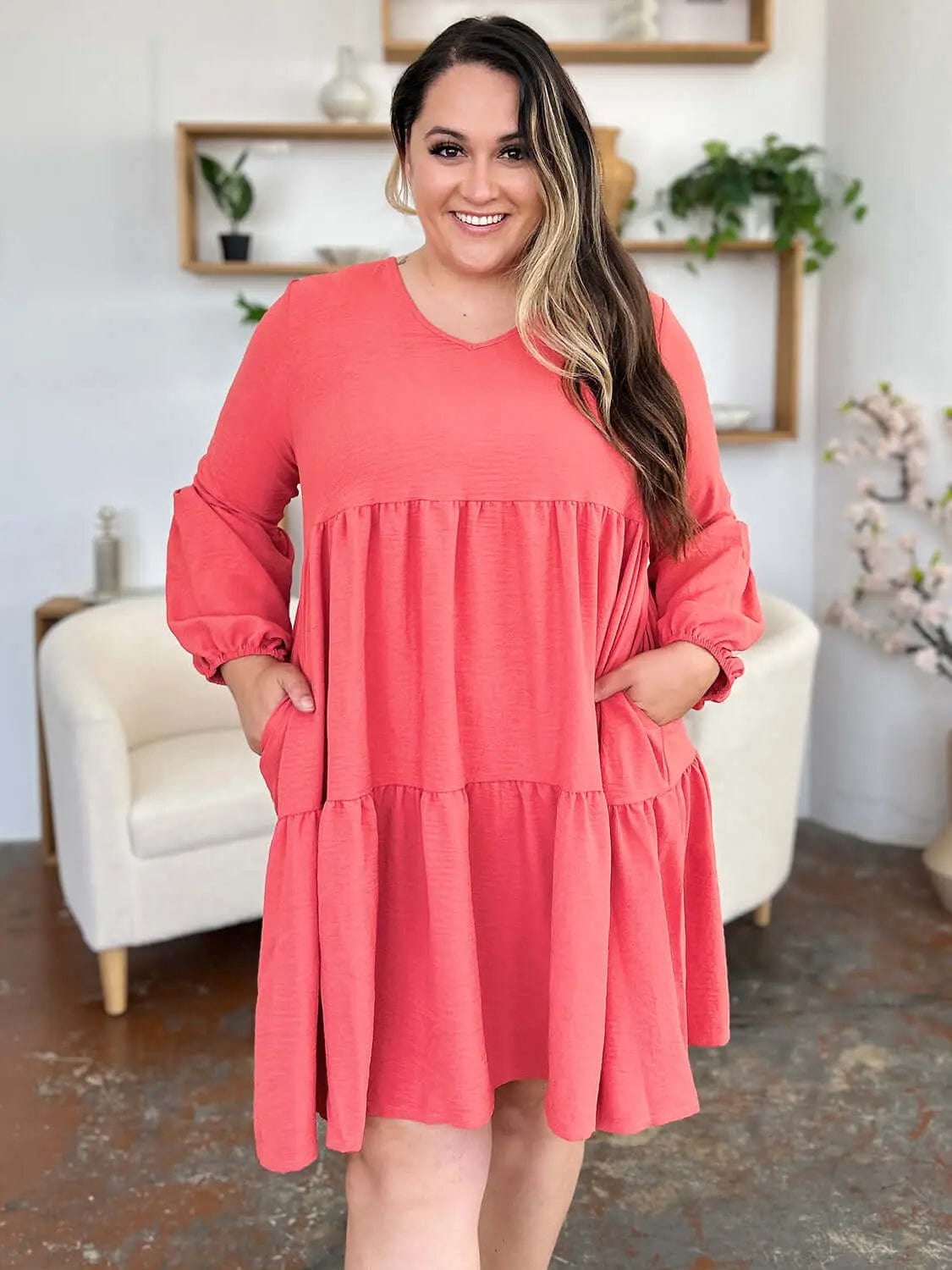 Trendsi Dress Coral / S Double Take Full Size V-Neck Balloon Sleeve Tiered Dress