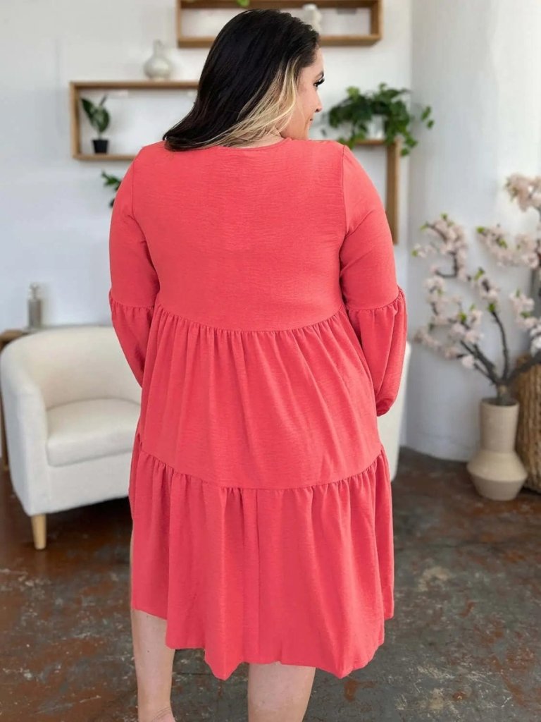 Double Take Full Size V - Neck Balloon Sleeve Tiered Dress - Coral by Trendsi from FREYA’S CLOSET