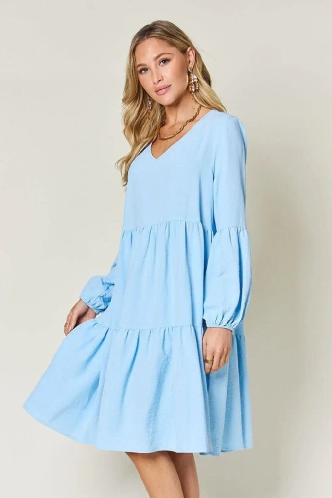 Double Take Full Size V - Neck Balloon Sleeve Tiered Dress - Light Blue by Trendsi from FREYA’S CLOSET