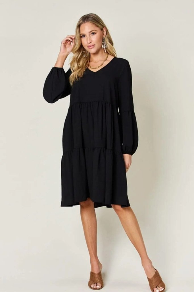 Double Take Full Size V - Neck Balloon Sleeve Tiered Dress - Black by Trendsi from FREYA’S CLOSET