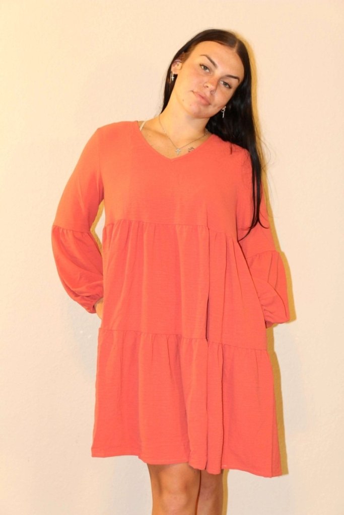 Double Take Full Size V - Neck Balloon Sleeve Tiered Dress - Coral by Trendsi from FREYA’S CLOSET
