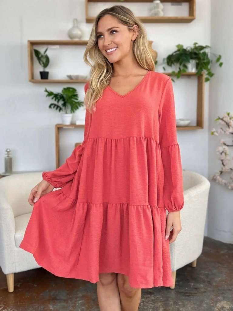 Double Take Full Size V - Neck Balloon Sleeve Tiered Dress – Coral by Trendsi from FREYA’S CLOSET