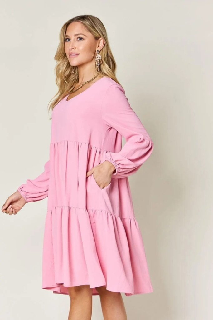 Double Take Full Size V - Neck Balloon Sleeve Tiered Dress - Pink by Trendsi from FREYA’S CLOSET