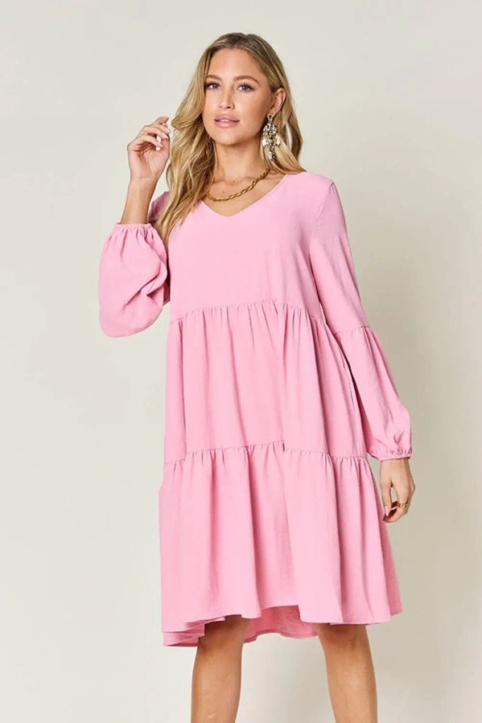 Double Take Full Size V - Neck Balloon Sleeve Tiered Dress - Pink by Trendsi from FREYA’S CLOSET