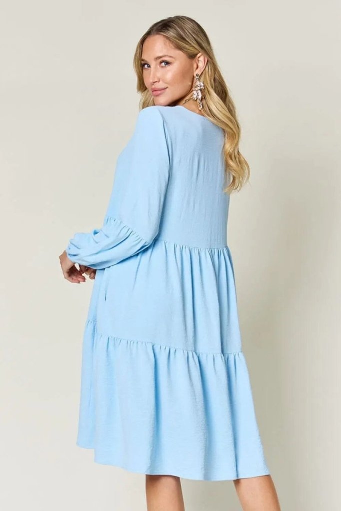 Double Take Full Size V - Neck Balloon Sleeve Tiered Dress - Light Blue by Trendsi from FREYA’S CLOSET