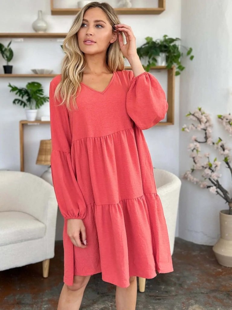Double Take Full Size V - Neck Balloon Sleeve Tiered Dress - Coral by Trendsi from FREYA’S CLOSET
