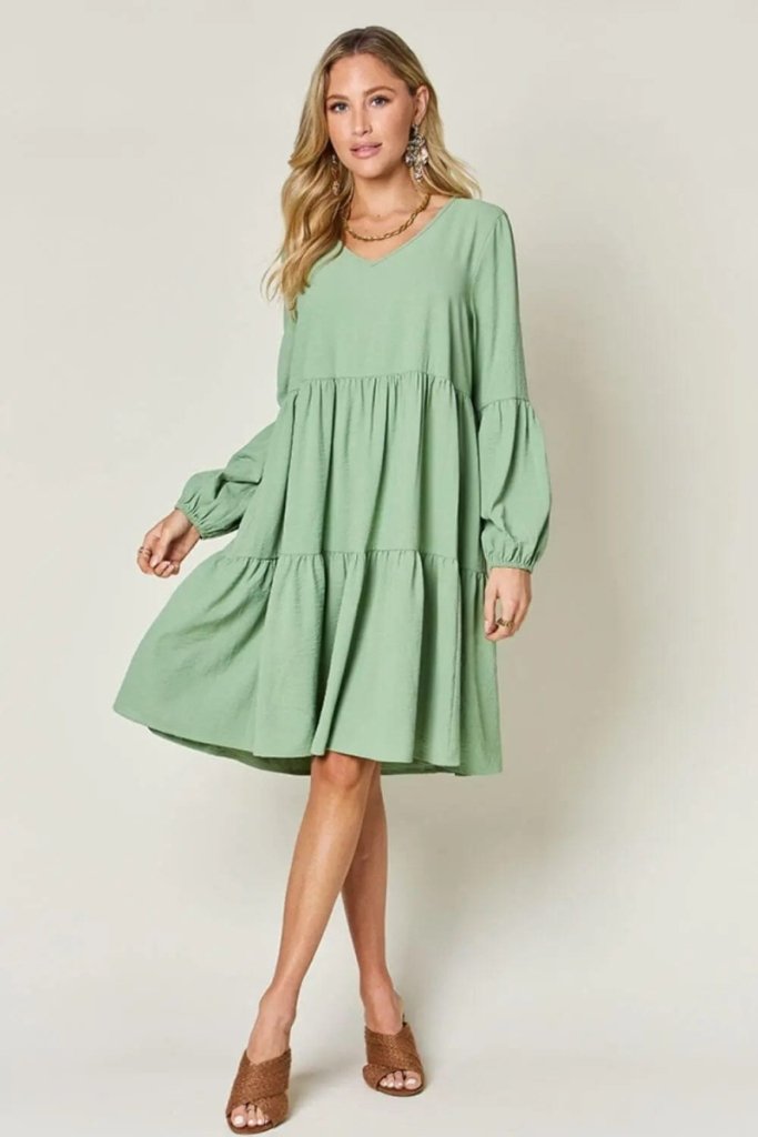 Double Take Full Size V - Neck Balloon Sleeve Tiered Dress - Light Green by Trendsi from FREYA’S CLOSET