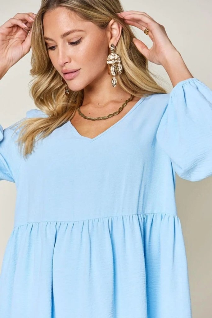 Double Take Full Size V - Neck Balloon Sleeve Tiered Dress - Light Blue by Trendsi from FREYA’S CLOSET