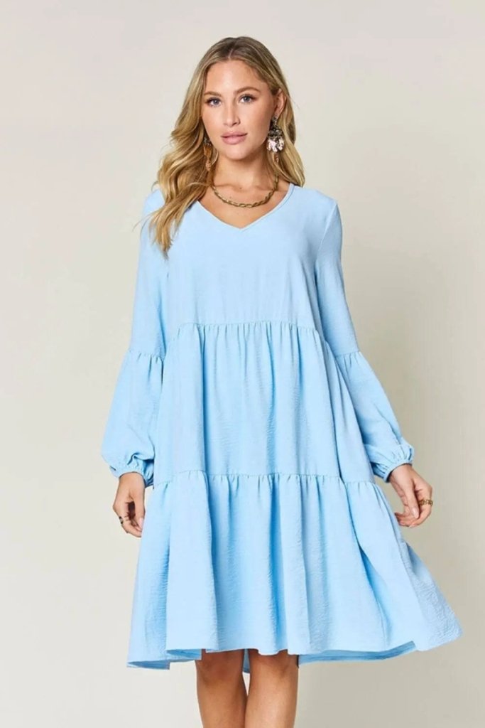Double Take Full Size V - Neck Balloon Sleeve Tiered Dress - Light Blue by Trendsi from FREYA’S CLOSET