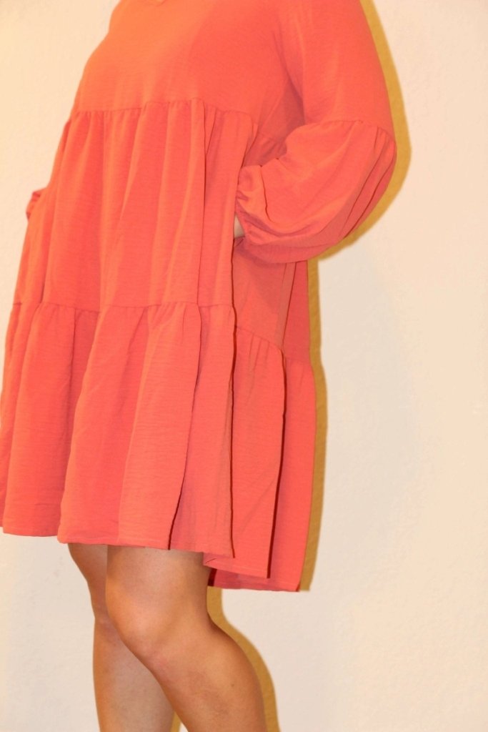 Double Take Full Size V - Neck Balloon Sleeve Tiered Dress – Coral by Trendsi from FREYA’S CLOSET
