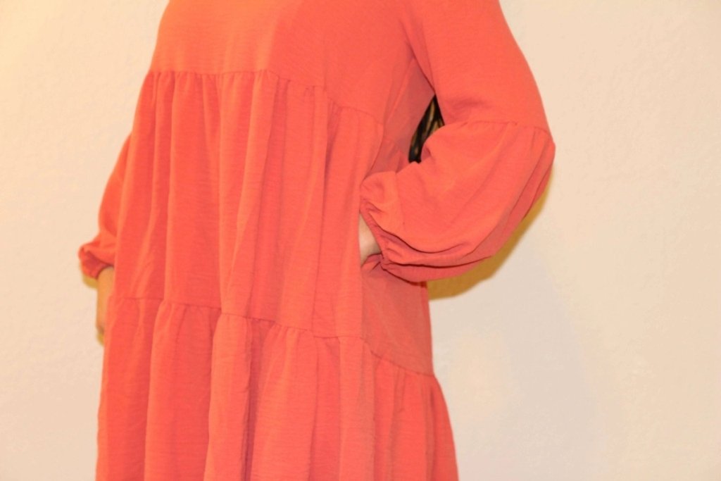 Double Take Full Size V - Neck Balloon Sleeve Tiered Dress - Coral by Trendsi from FREYA’S CLOSET