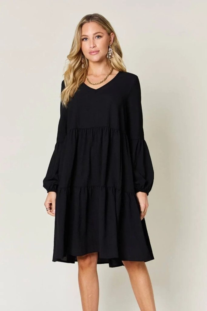 Double Take Full Size V - Neck Balloon Sleeve Tiered Dress - Black by Trendsi from FREYA’S CLOSET