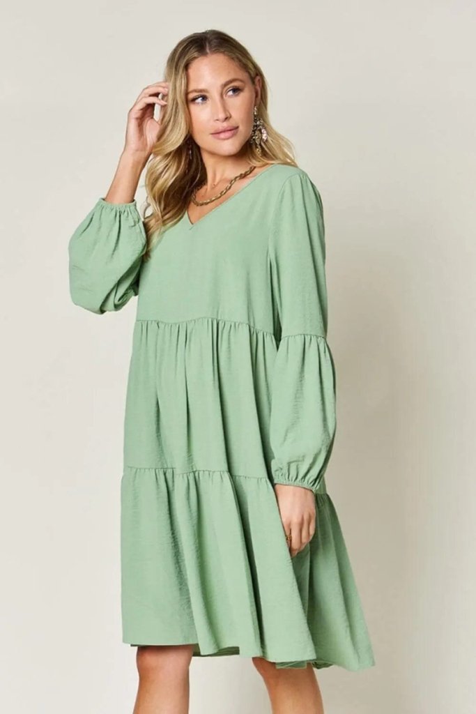 Double Take Full Size V - Neck Balloon Sleeve Tiered Dress - Light Green by Trendsi from FREYA’S CLOSET
