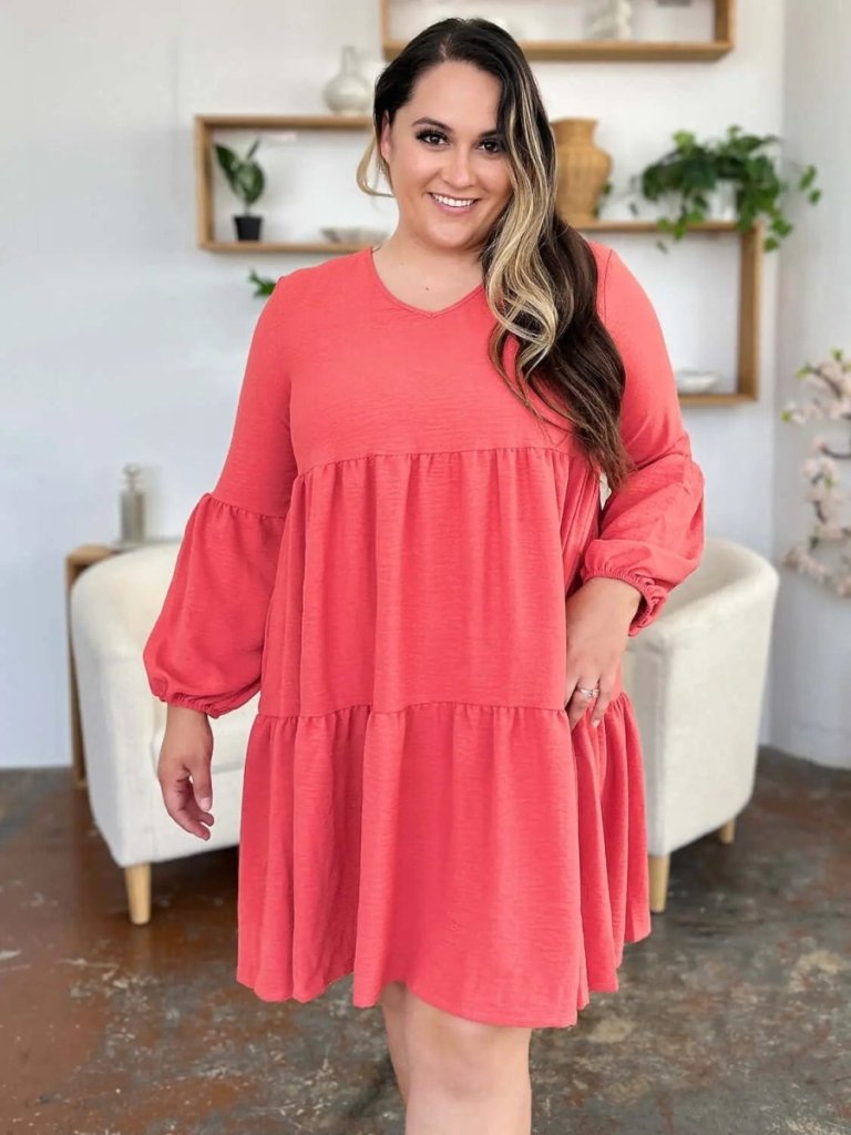 Double Take Full Size V - Neck Balloon Sleeve Tiered Dress - Coral by Trendsi from FREYA’S CLOSET