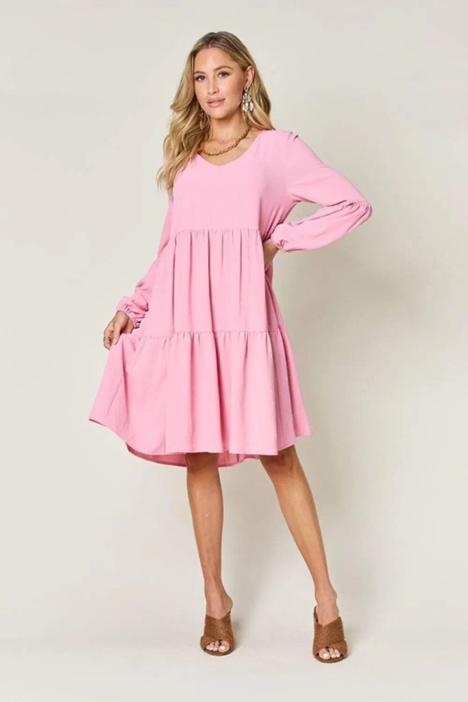 Double Take Full Size V - Neck Balloon Sleeve Tiered Dress – Pink by Trendsi from FREYA’S CLOSET