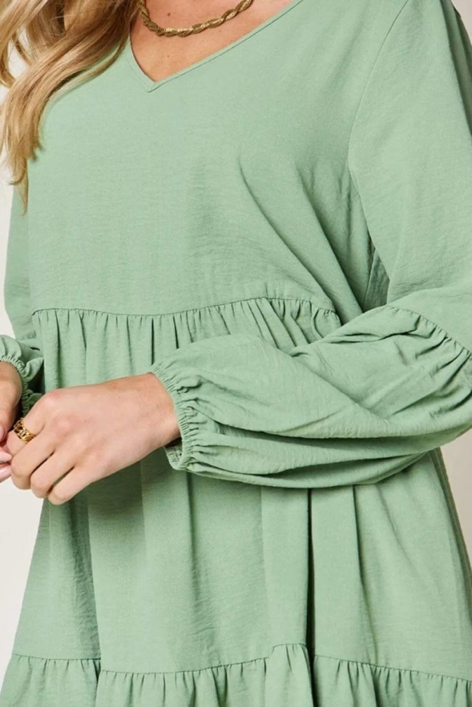 Double Take Full Size V - Neck Balloon Sleeve Tiered Dress - Light Green by Trendsi from FREYA’S CLOSET